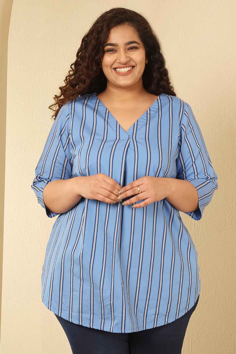 Plus Size Sky Blue Striped Cotton V Neck Top