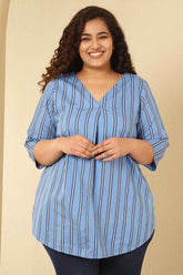 Plus Size Sky Blue Striped Cotton V Neck Top