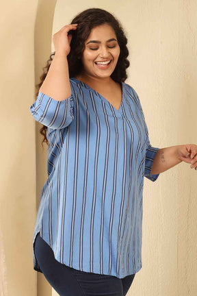 Plus Size Sky Blue Striped Cotton V Neck Top