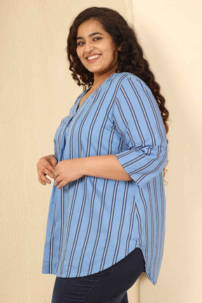 Plus Size Sky Blue Striped Cotton V Neck Top