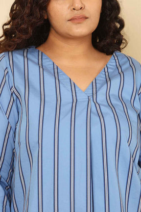 Plus Size Sky Blue Striped Cotton V Neck Top