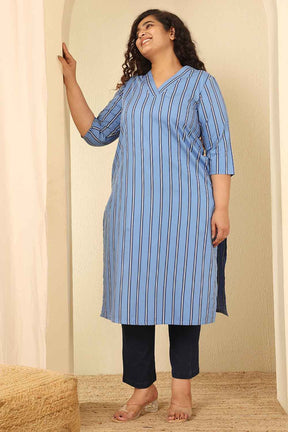 Plus Size Sky Blue Striped Cotton V Neck Kurta