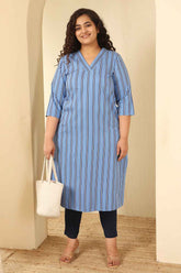 Plus Size Sky Blue Striped Cotton V Neck Kurta