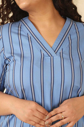 Plus Size Sky Blue Striped Cotton V Neck Kurta