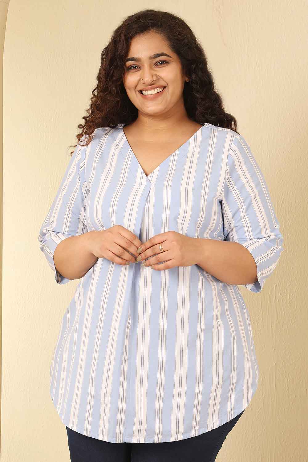 Plus Size Powder Blue Striped Cotton V Neck Top