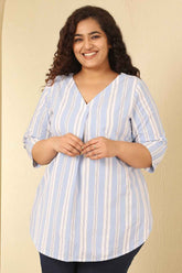 Plus Size Powder Blue Striped Cotton V Neck Top