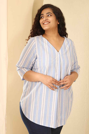 Plus Size Powder Blue Striped Cotton V Neck Top