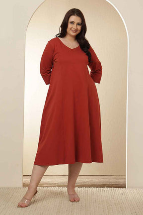 Plus Size Rust Red A-Line Cotton Dress
