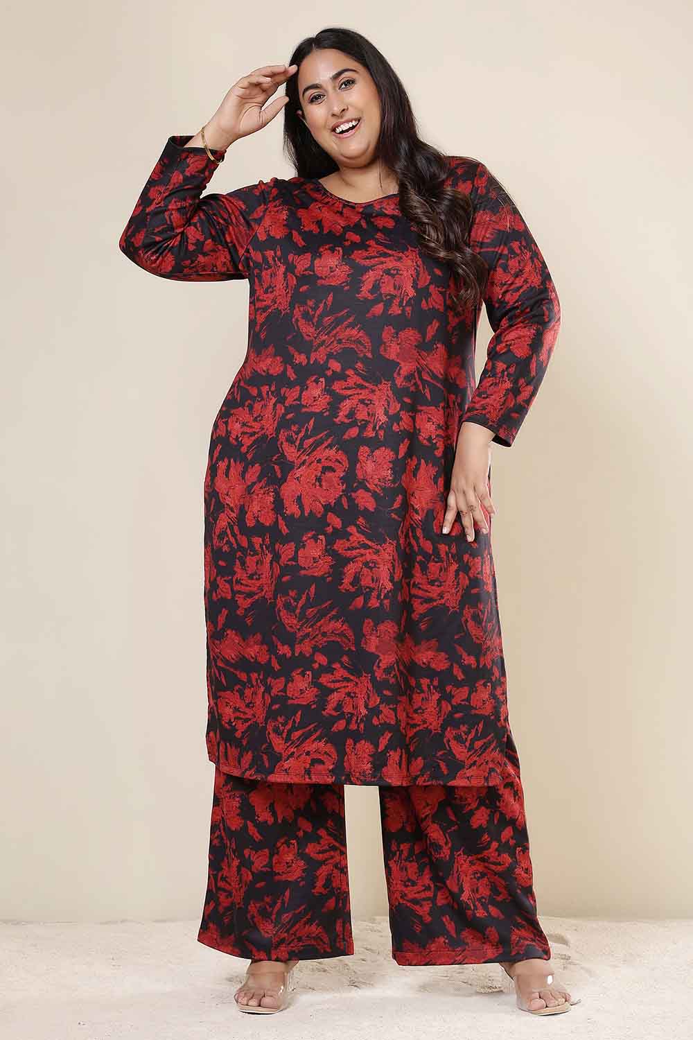 Plus Size Plus Size Red Floral Kurta SnugWeave™ Coord Set