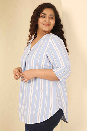 Plus Size Powder Blue Striped Cotton V Neck Top