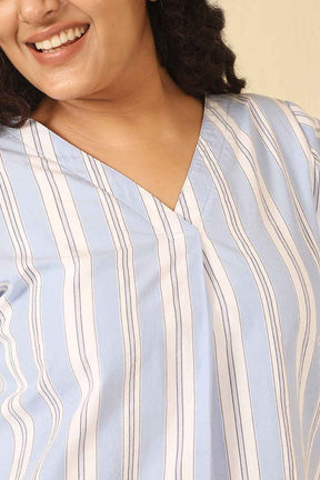 Plus Size Powder Blue Striped Cotton V Neck Top