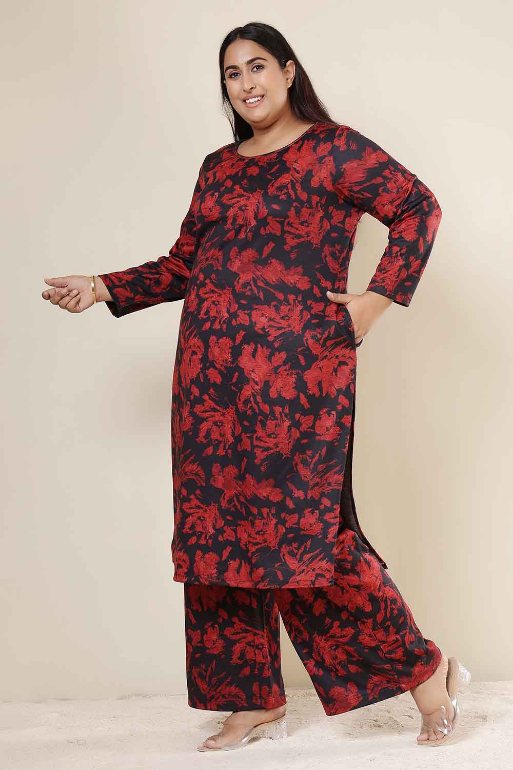 Plus Size Red Floral Kurta SnugWeave™ Coord Set for Women
