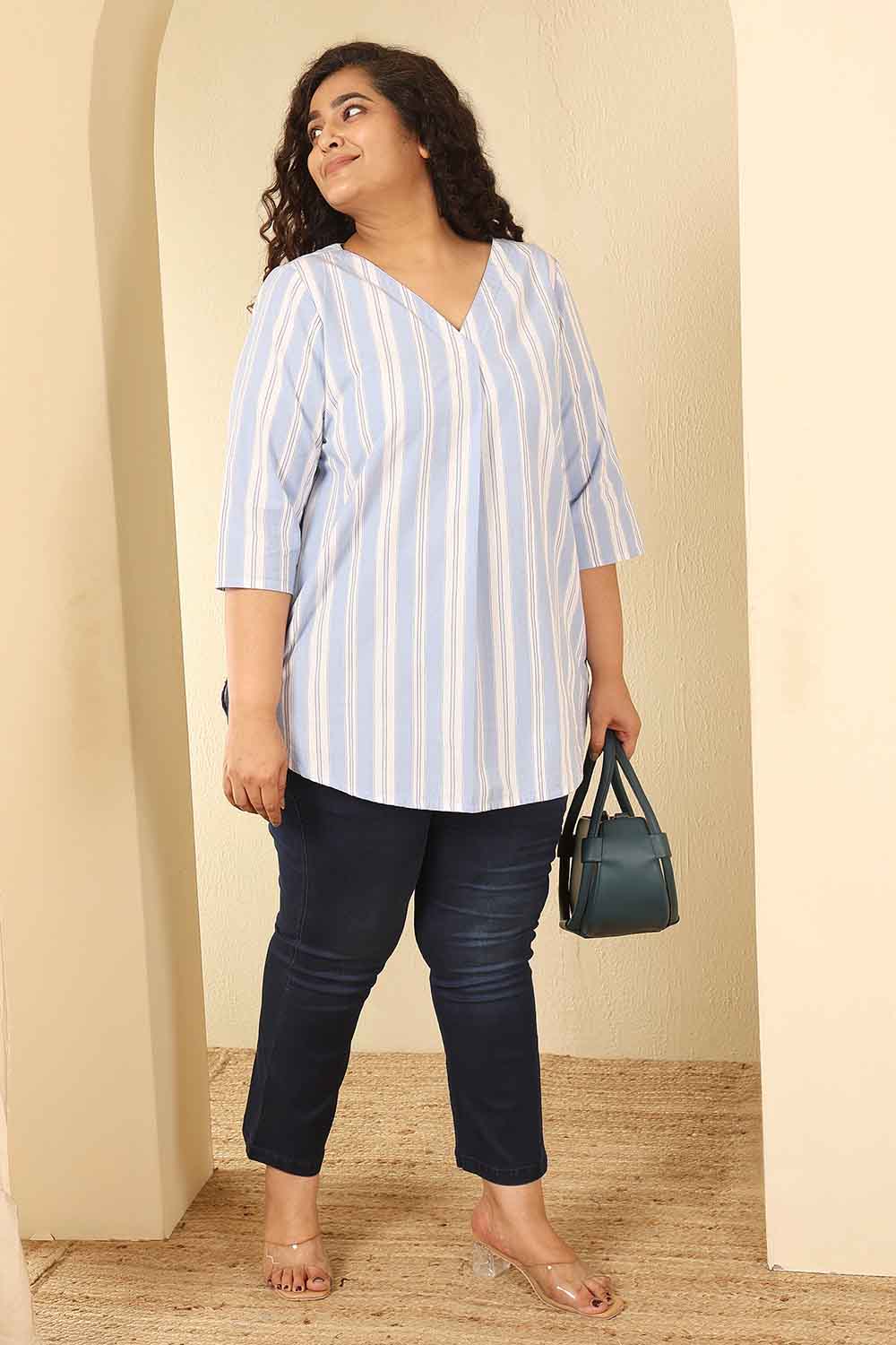 Plus Size Powder Blue Striped Cotton V Neck Top