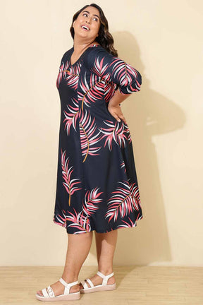 Plus Size Red Blue Tropical Print A line Dress