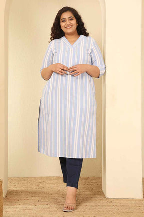 Plus Size Powder Blue Striped Cotton V Neck Kurta