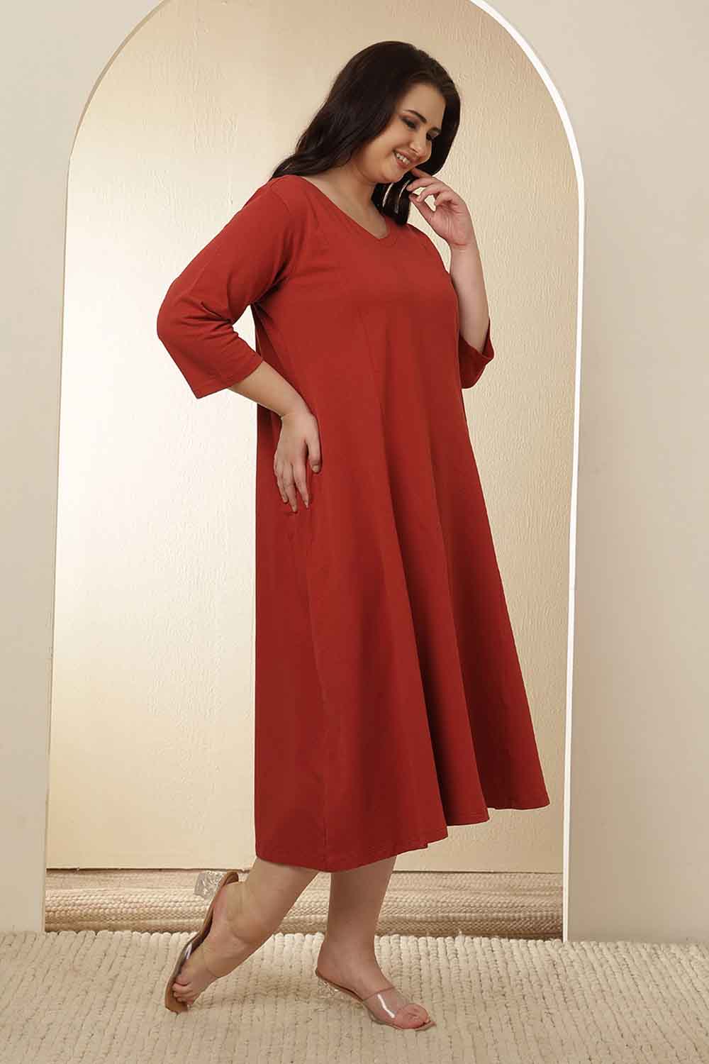 Plus Size Plus Size Rust Red A-Line Cotton Dress