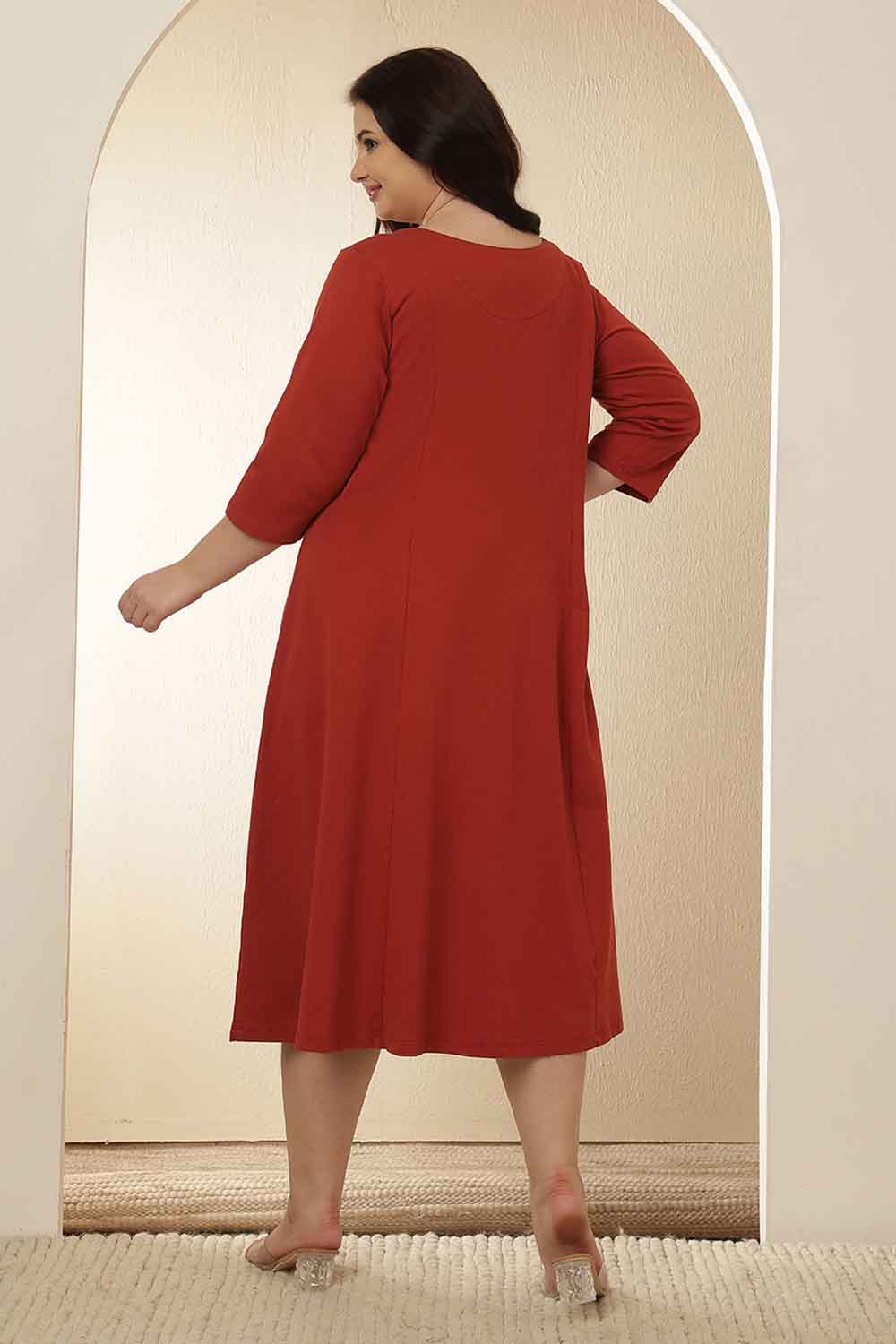 Comfortable Plus Size Rust Red A-Line Cotton Dress