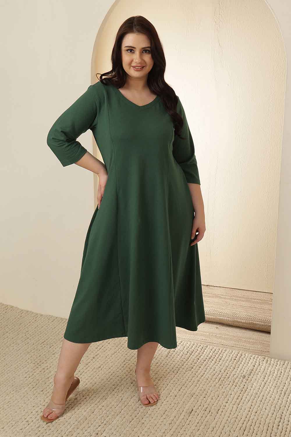 Plus Size Green  A-Line Cotton Dress for Women