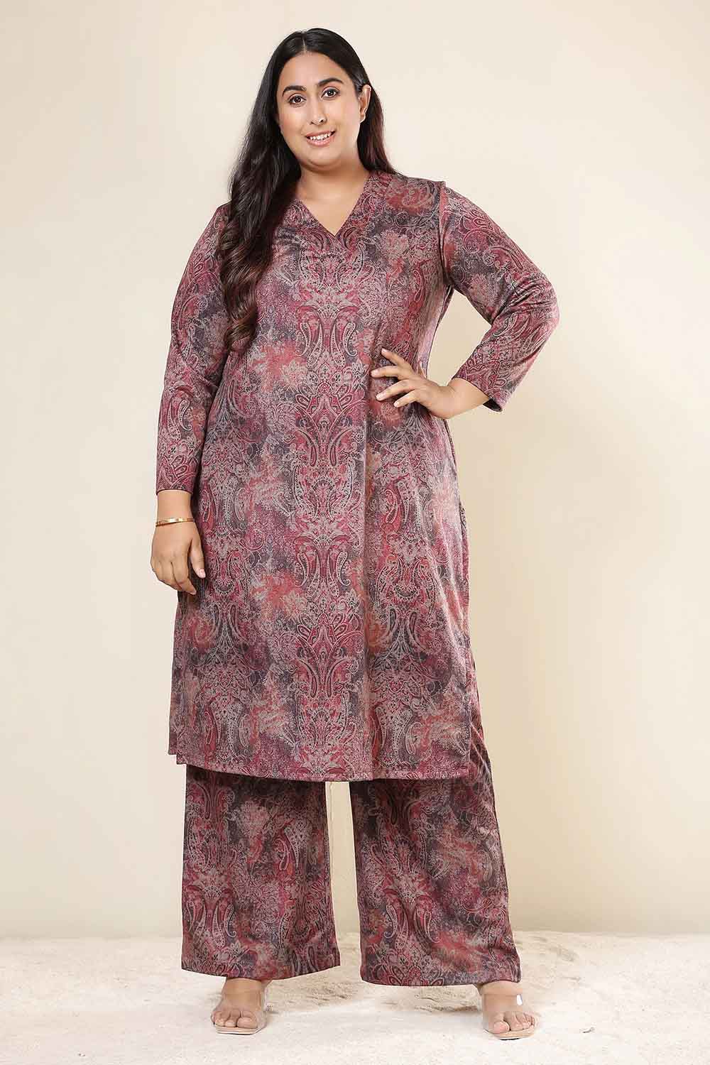 Plus Size Plus Size Maroon Paisley SnugWeave™ Kurta Coord Set