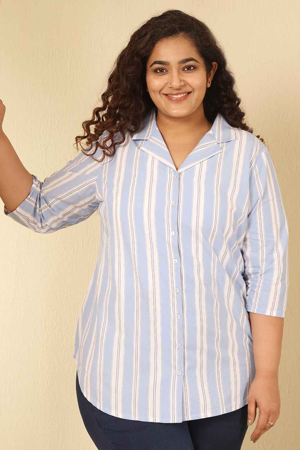 Plus Size Powder Blue Striped Cotton Cuban Collar Shirt