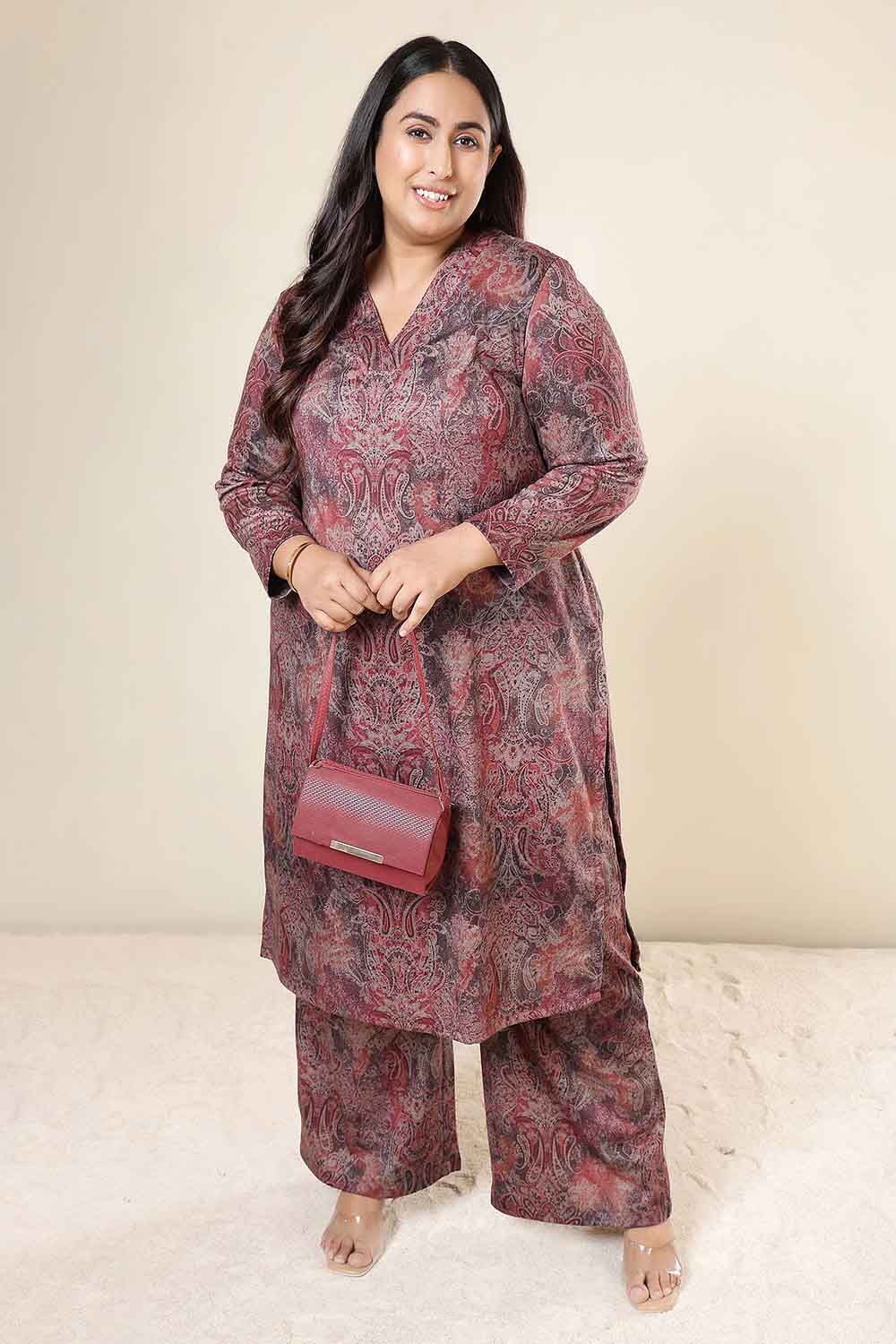 Plus Size Maroon Paisley SnugWeave™ Kurta Coord Set