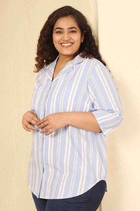 Plus Size Powder Blue Striped Cotton Cuban Collar Shirt