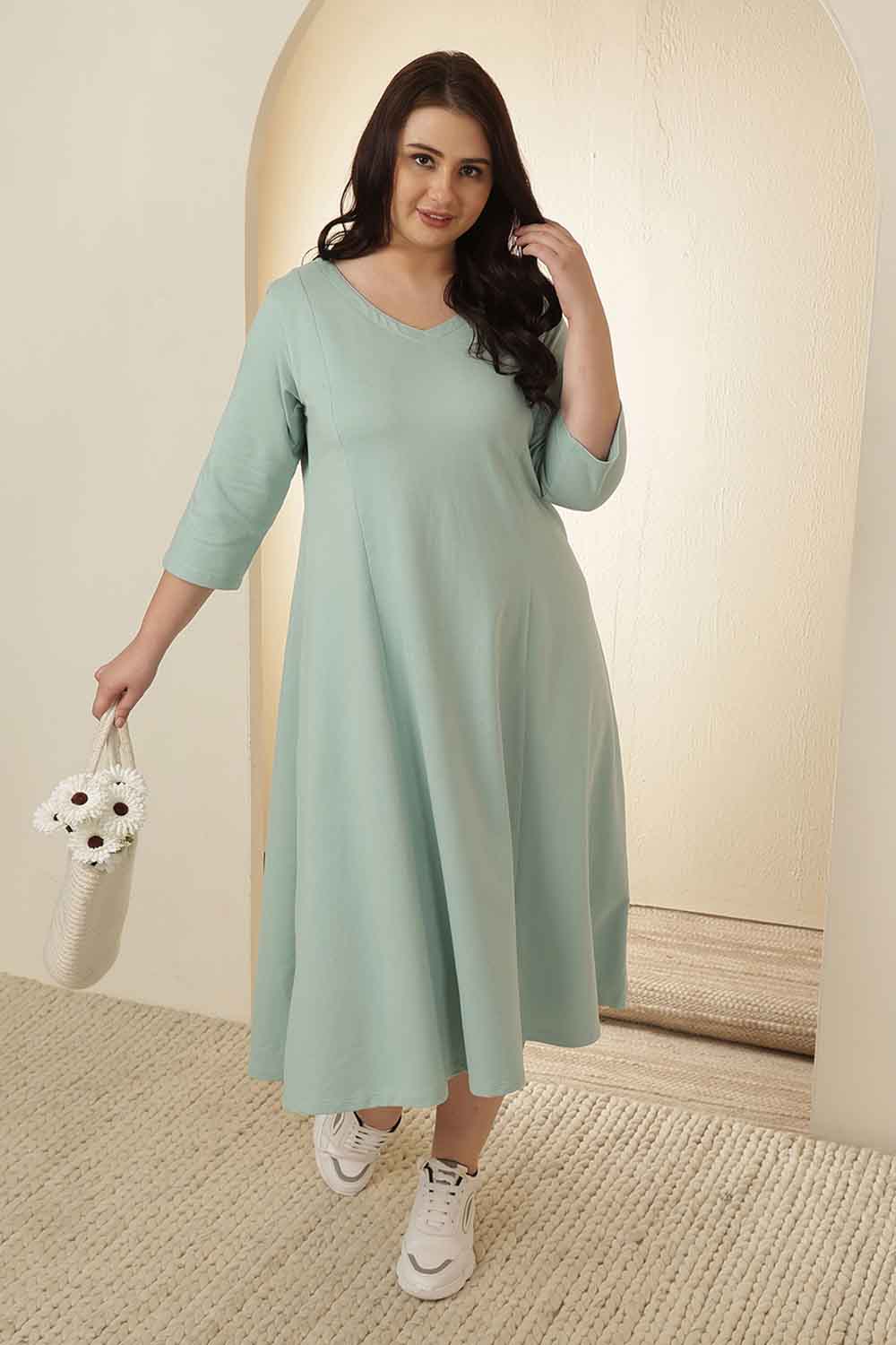 Plus Size Mint Green  A-Line Cotton Dress