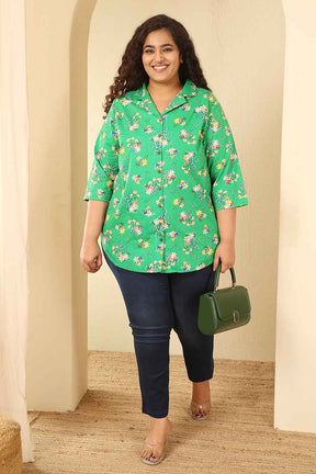 Plus Size Green Floral Print Cotton Cuban Collar Shirt
