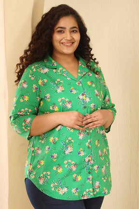 Plus Size Green Floral Print Cotton Cuban Collar Shirt