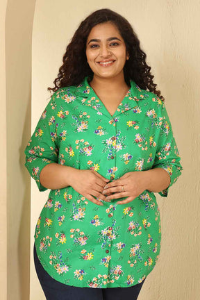 Plus Size Green Floral Print Cotton Cuban Collar Shirt