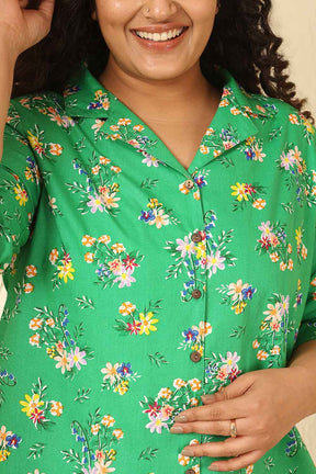 Plus Size Green Floral Print Cotton Cuban Collar Shirt