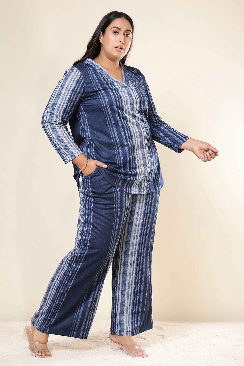 Plus Size Blue Vertical Stripe Top SnugWeave™ Coord Set for Women
