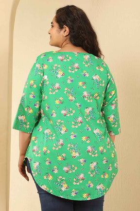 Plus Size Green Floral Print Cotton V Neck Top