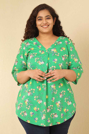 Plus Size Green Floral Print Cotton V Neck Top