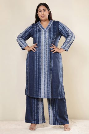 Plus Size Blue Vertical Stripe Kurta SnugWeave™ Coord Set