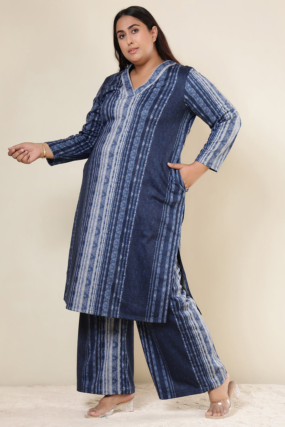 Plus Size Plus Size Blue Vertical Stripe Kurta SnugWeave™ Coord Set