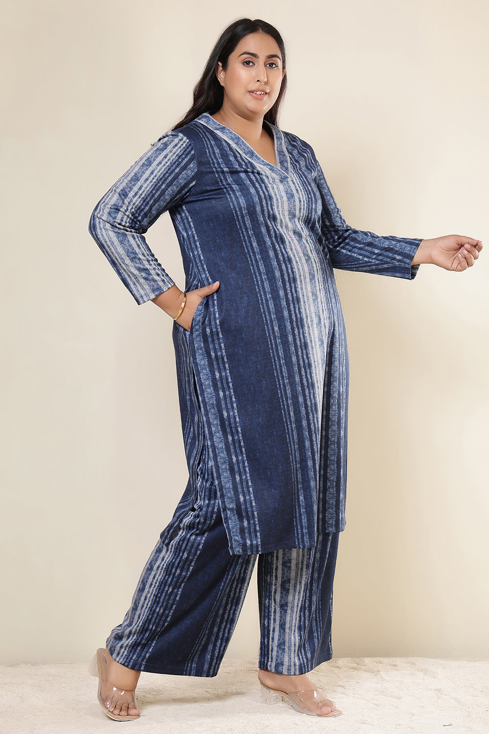 Plus Size Blue Vertical Stripe Kurta SnugWeave™ Coord Set for Women