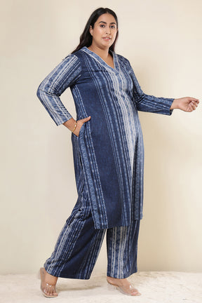 Plus Size Blue Vertical Stripe Kurta SnugWeave™ Coord Set