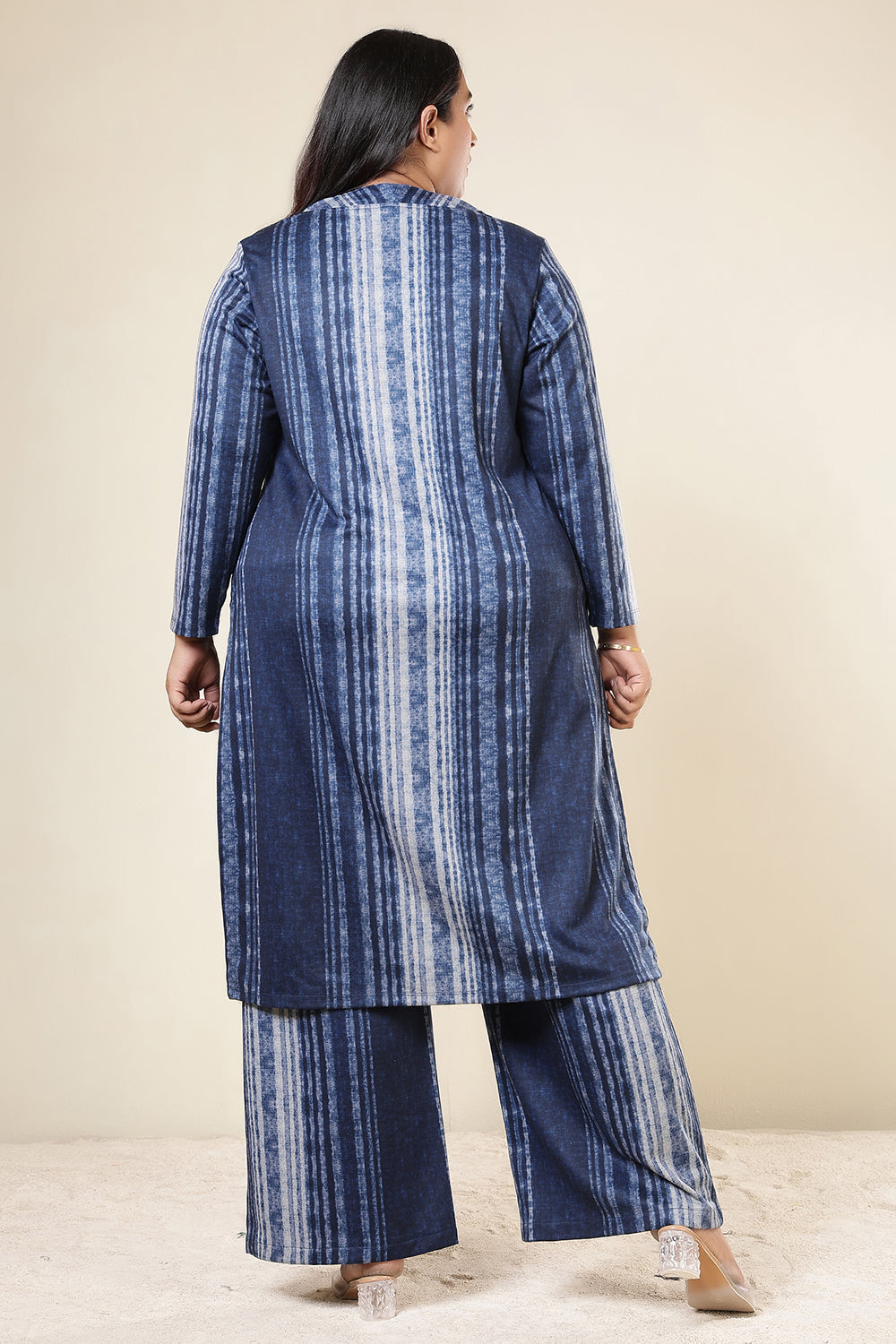 Plus Size Blue Vertical Stripe Kurta SnugWeave™ Coord Set