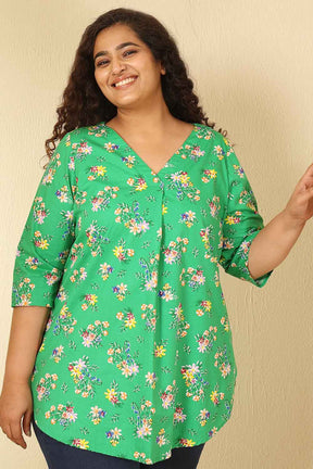 Plus Size Green Floral Print Cotton V Neck Top