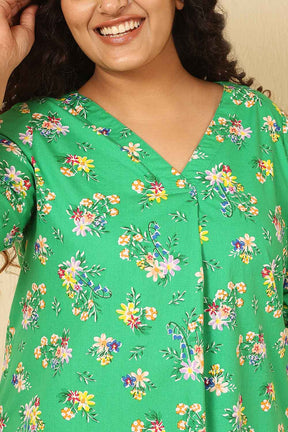 Plus Size Green Floral Print Cotton V Neck Top