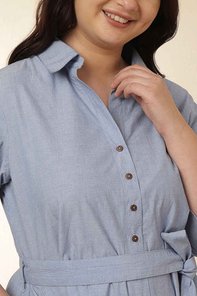Plus Size Light Blue Cotton Shirt Dress