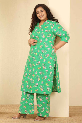 Plus Size Green Floral Print Cotton Kurta Coord Set