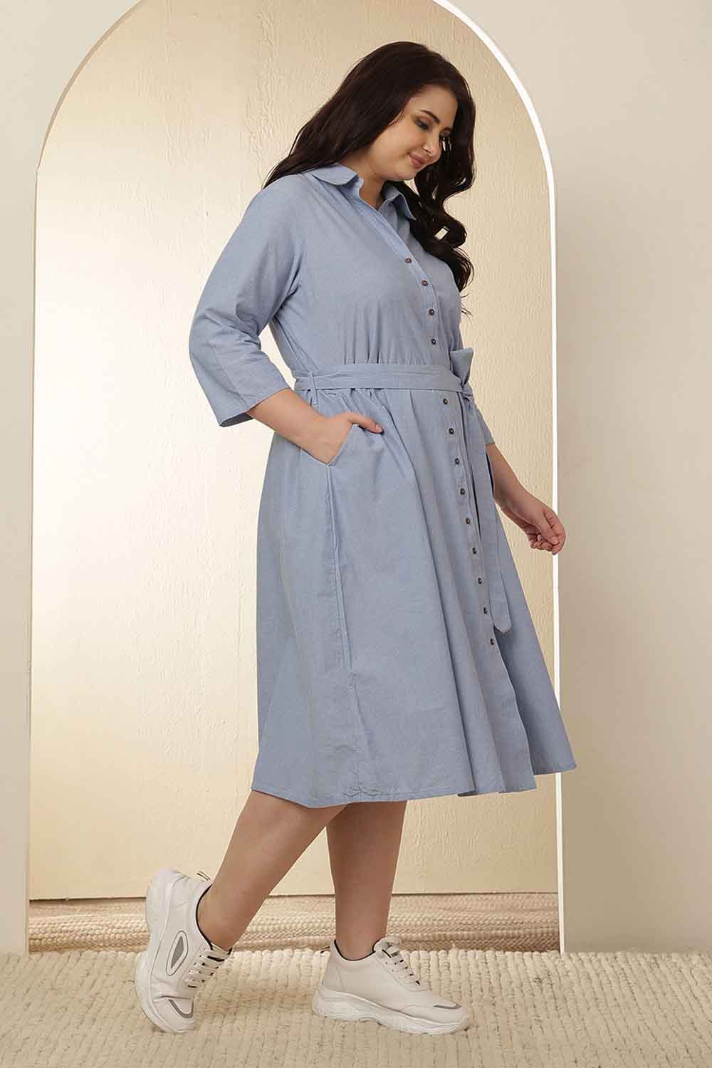 Plus Size Plus Size Light Blue Cotton Shirt Dress