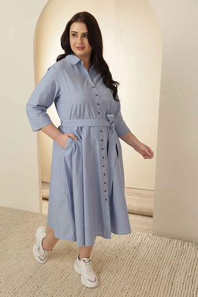 Plus Size Light Blue Cotton Shirt Dress