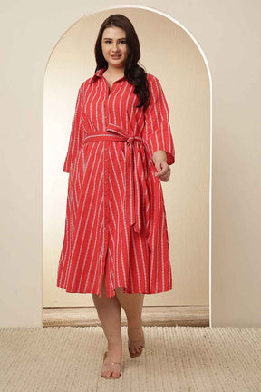 Plus Size Red Stripe Cotton Shirt Dress
