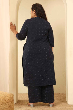 Plus Size Navy Blue Dobby Weave Cotton Kurta Coord Set