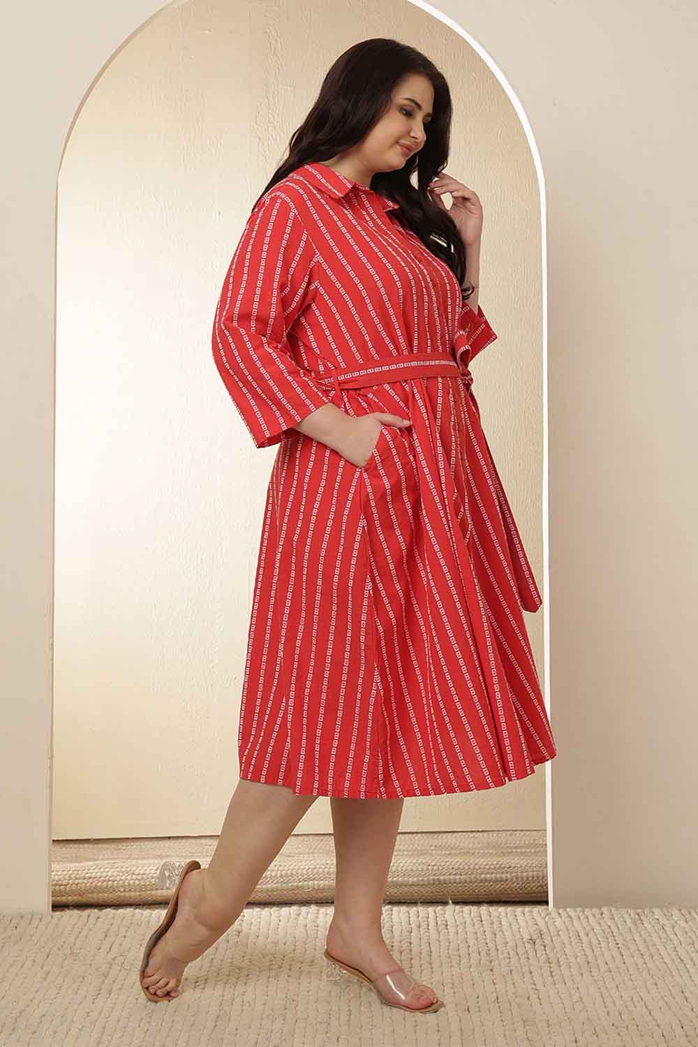 Comfortable Plus Size Red Stripe Cotton Shirt Dress