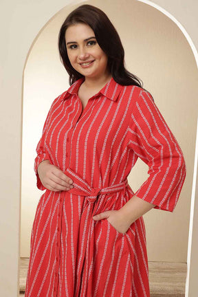 Plus Size Red Stripe Cotton Shirt Dress