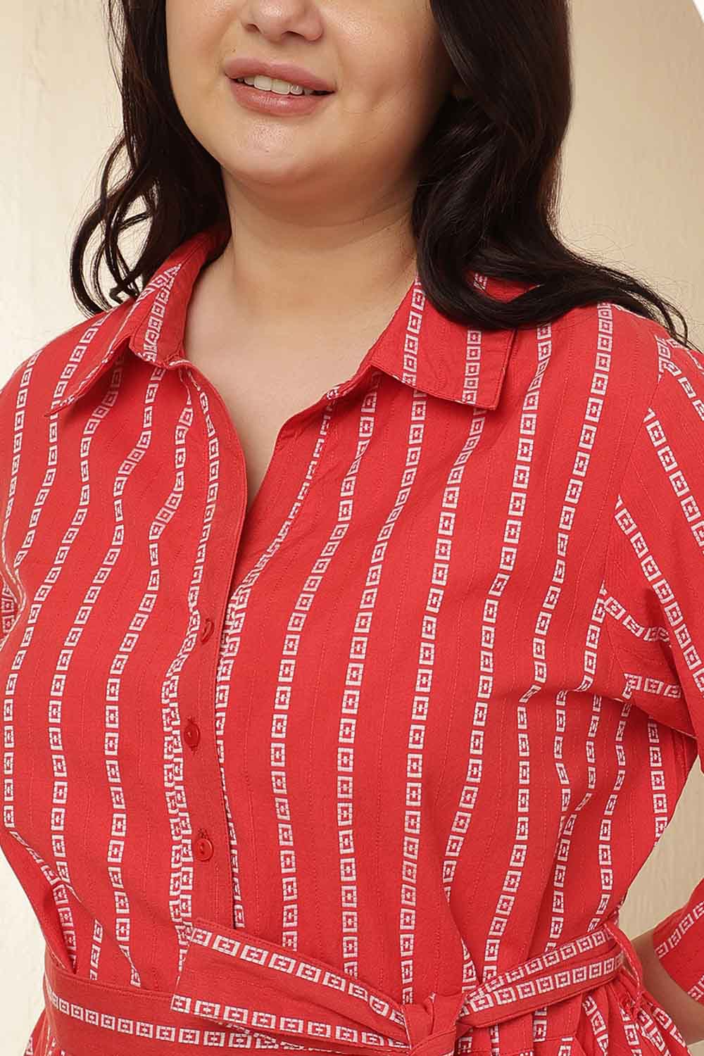 Plus Size Red Stripe Cotton Shirt Dress